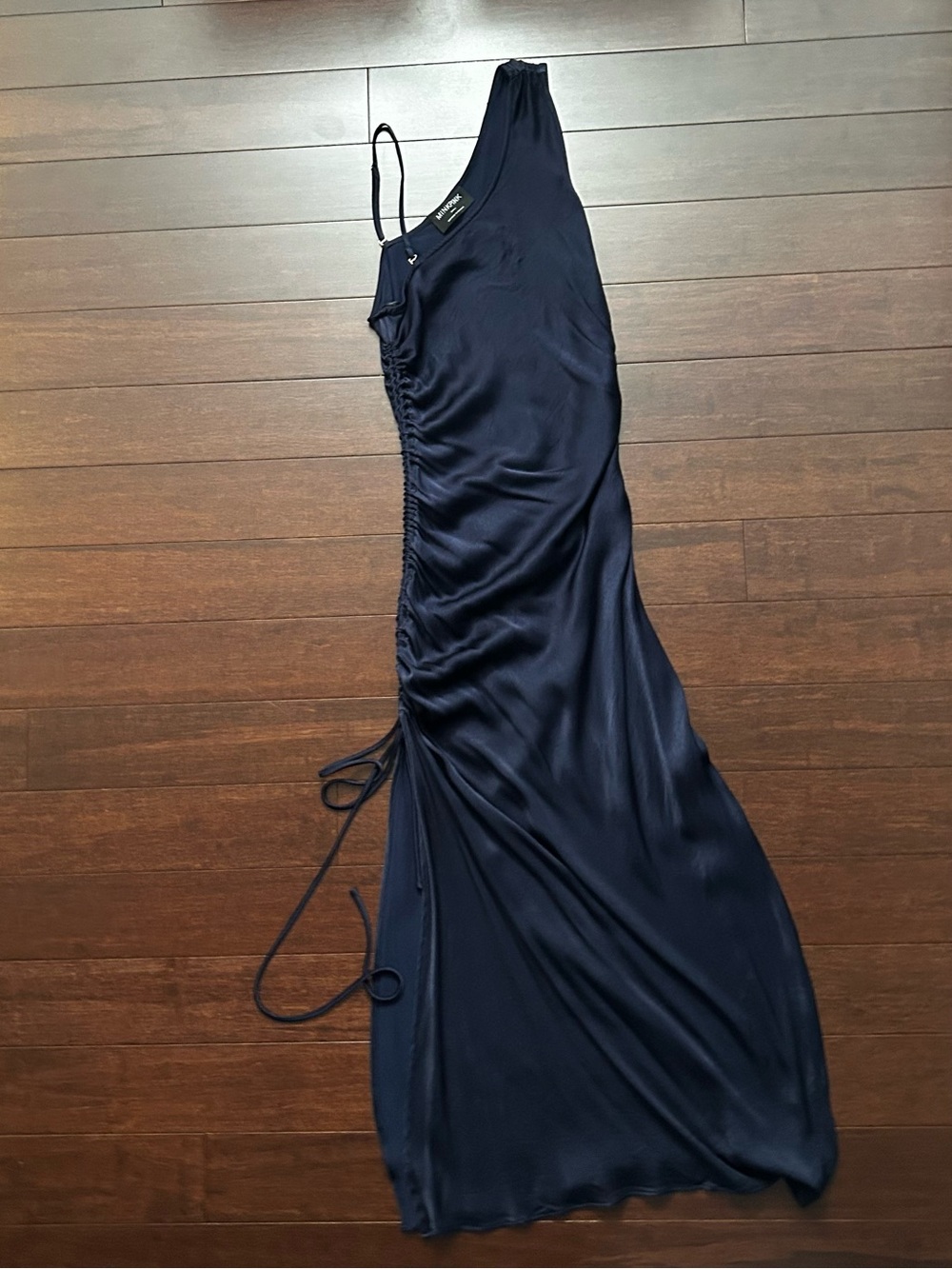 MINKPINK One-Shoulder Navy Satin Ruched Maxi Dress